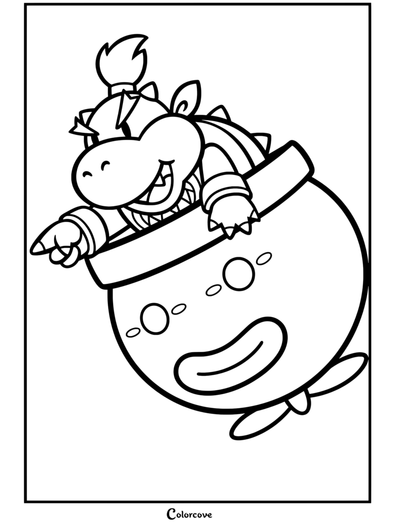 Dibujo para colorear de Bowser Jr sonriendo y señalando mientras viaja en su coche payaso, ideal para los fans de dibujos de bowser y bowser jr 2.