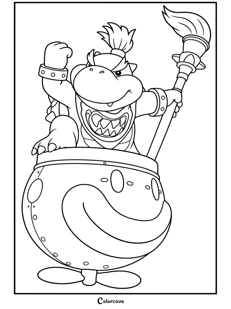 Bowser Jr de pie en el Coche Clown Koopa sosteniendo un pincel mágico y sonriendo con confianza en este dibujo para colorear