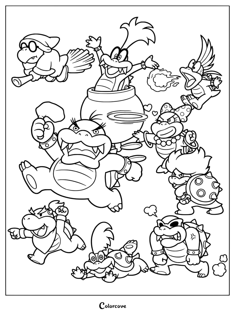 Página de dibujos de bowser y bowser jr 2 que muestra a Bowser Jr de pie con orgullo, luciendo su babero característico y su caparazón con púas.