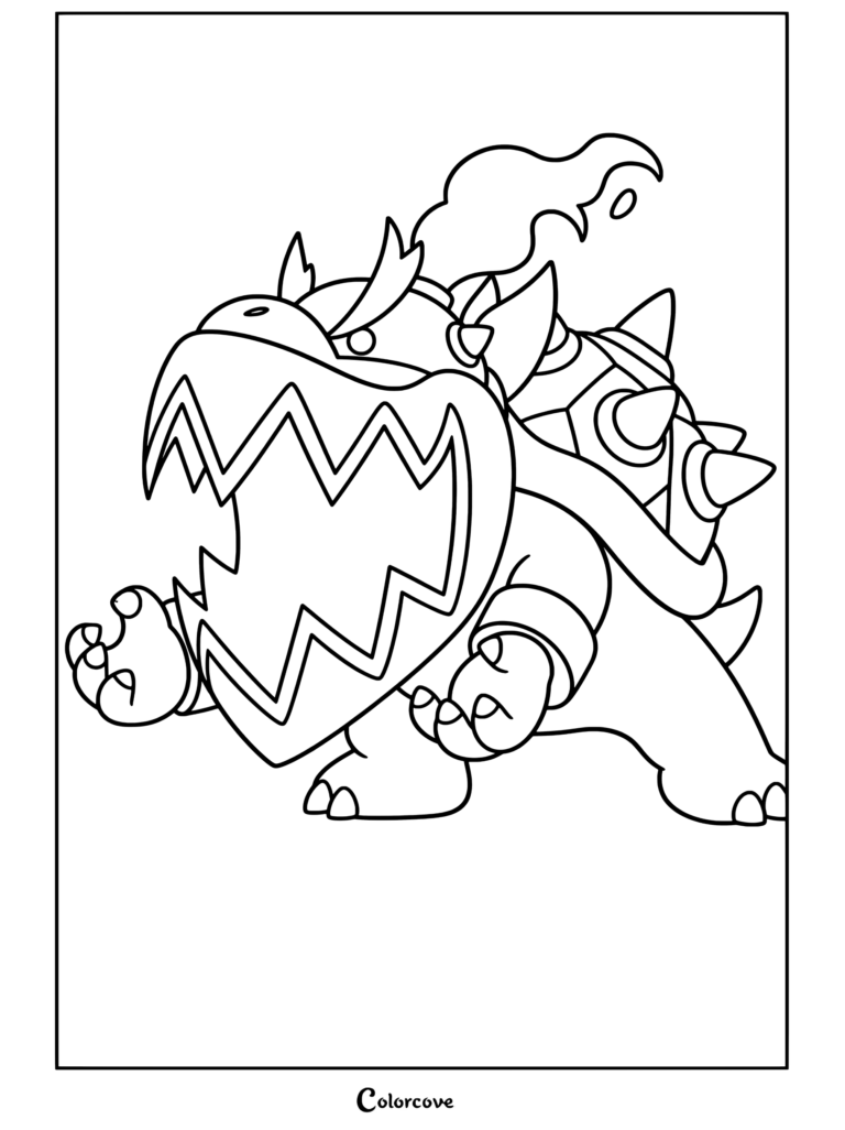 Dibujo para colorear imprimible de Bowser Jr. transformado con una máscara de sombra y cabello de fuego verde de Super Mario Bros. Wonder, con el personaje en una pose rugiente.