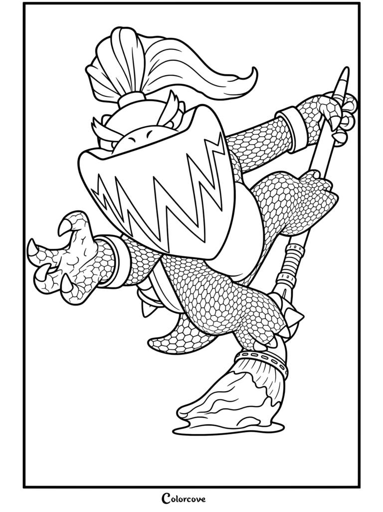 Dibujo de bowser y bowser jr 2 para imprimir de Bowser Jr. usando una máscara brillante y sosteniendo un pincel mágico al estilo de gran final, con elementos relacionados con dibujos de bowser y bowser jr 2.