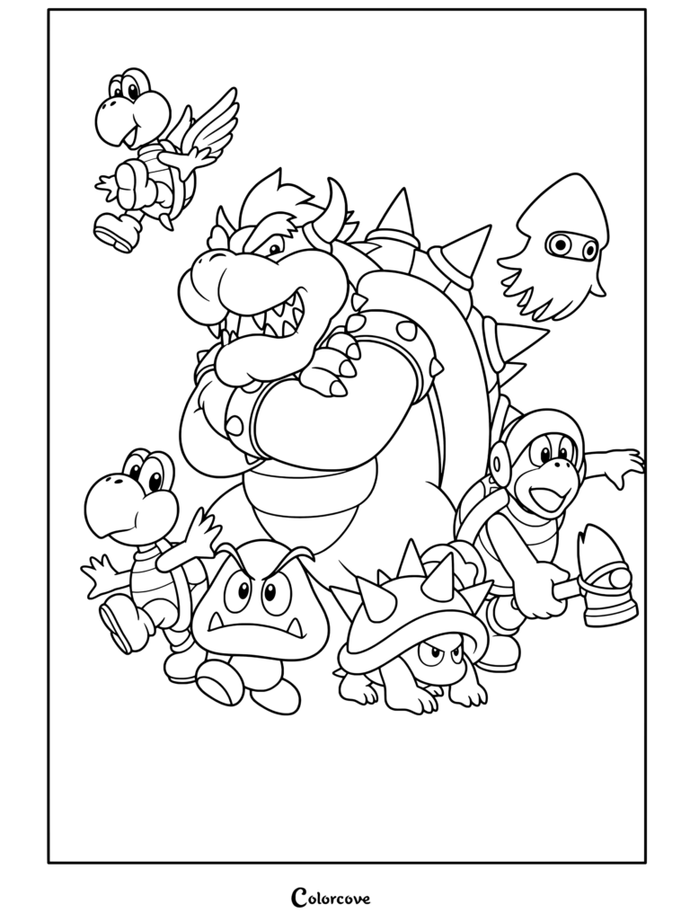 Dibujo para colorear de Bowser rodeado de enemigos clásicos de Super Mario que incluyen Koopa Troopa, Paratroopa, Goomba, Spiny, Hermano Martillo y Blooper