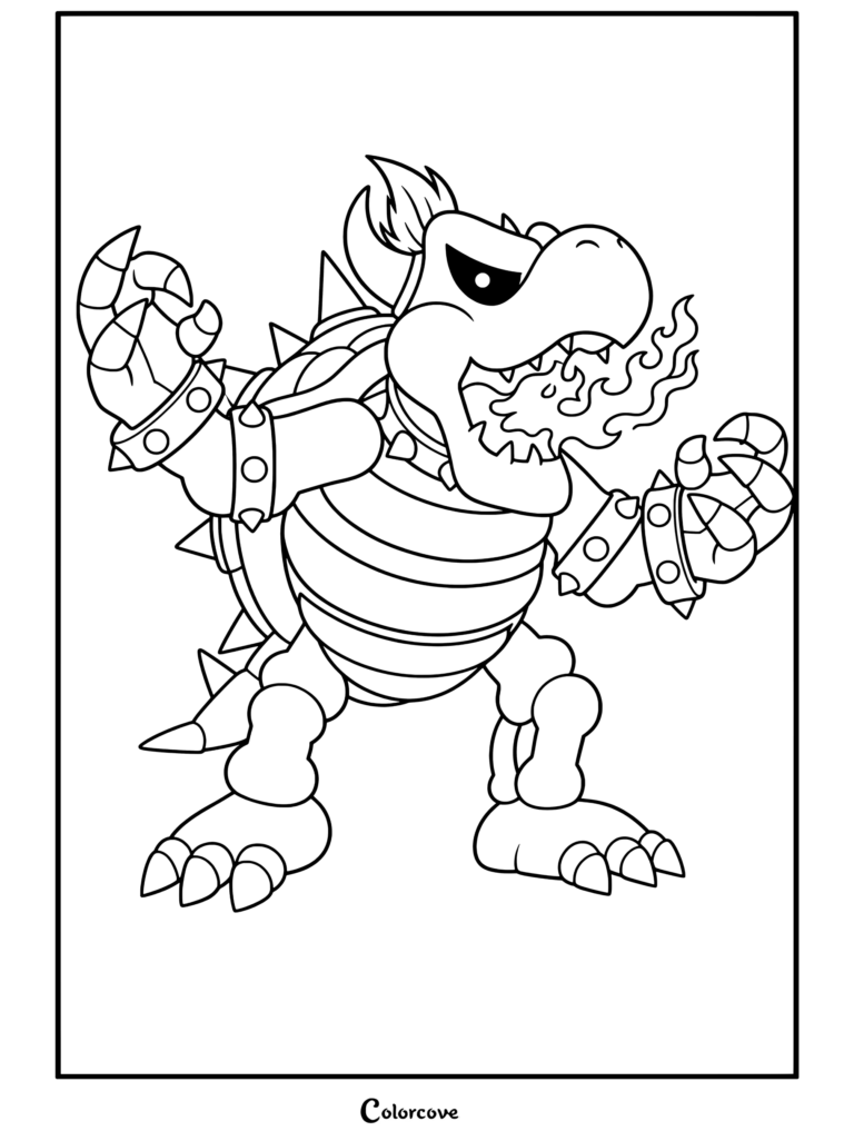 Dibujo para colorear imprimible de Huesitos Bowser rugiendo y exhalando fuego azul con ojos amarillos brillantes y muñequeras con púas de dibujos de bowser y bowser jr 2.