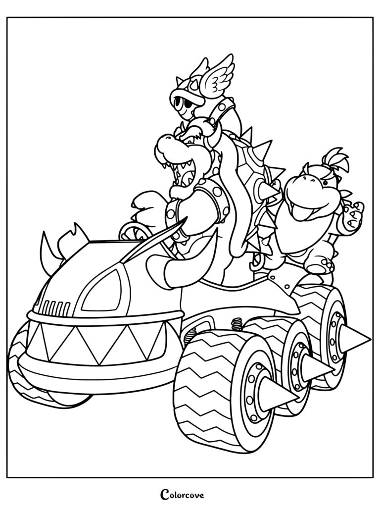 Dibujo de bowser y bowser jr 2 de Bowser y Bowser Jr. conduciendo un kart verde con púas junto a un Paratroopa.