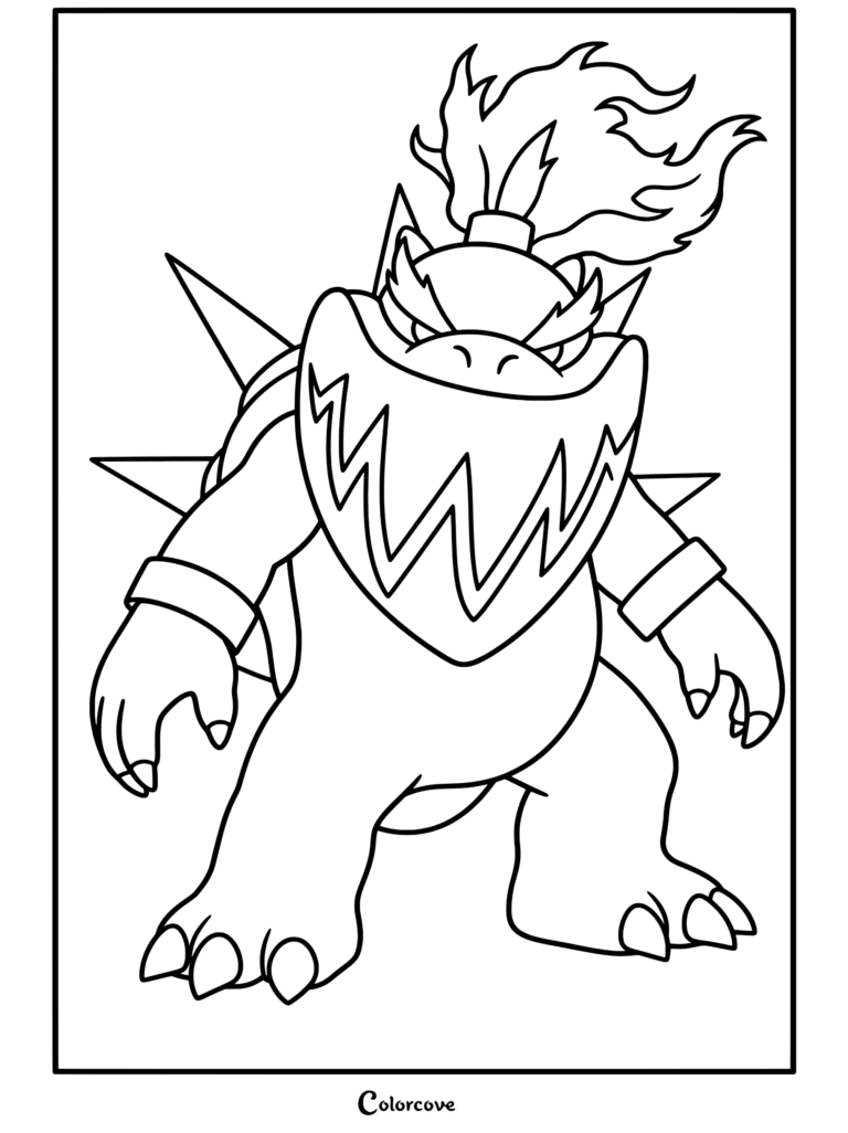 Dibujo para colorear imprimible gratis de Bowser Furioso de pie con púas brillantes y cabello de fuego de Super Mario 3D World, perfecto para los fans de Bowser y Bowser Jr.