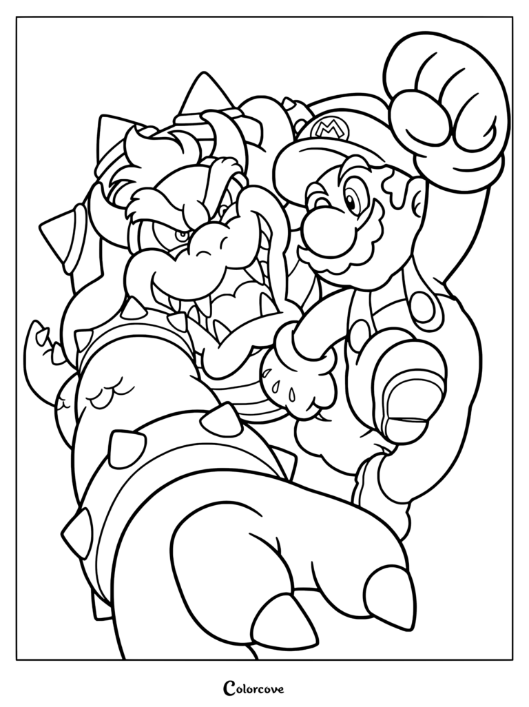 Un dibujo para colorear de Mario saltando y dando un puñetazo mientras lucha contra un Bowser furioso.