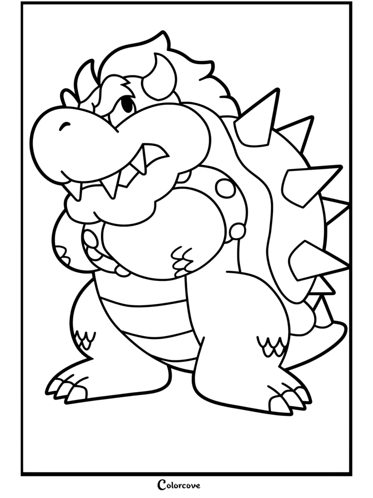 Dibujo para colorear imprimible de Bowser y Bowser Jr con Bowser de pie con los brazos cruzados y expresión gruñona.