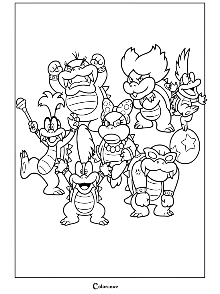 Retrato grupal de Los Koopalings con Iggy, Larry, Lemmy, Ludwig, Morton, Roy y Wendy en un dibujo para colorear, destacando a Bowser y Bowser Jr.