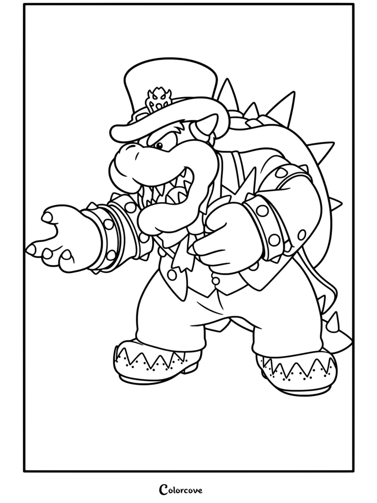 Dibujo para colorear imprimible gratis de dibujos de bowser y bowser jr 2 que incluye a Bowser de Boda luciendo un esmoquin blanco, sombrero de copa y pajarita morada extendiendo la mano en Super Mario Odyssey.