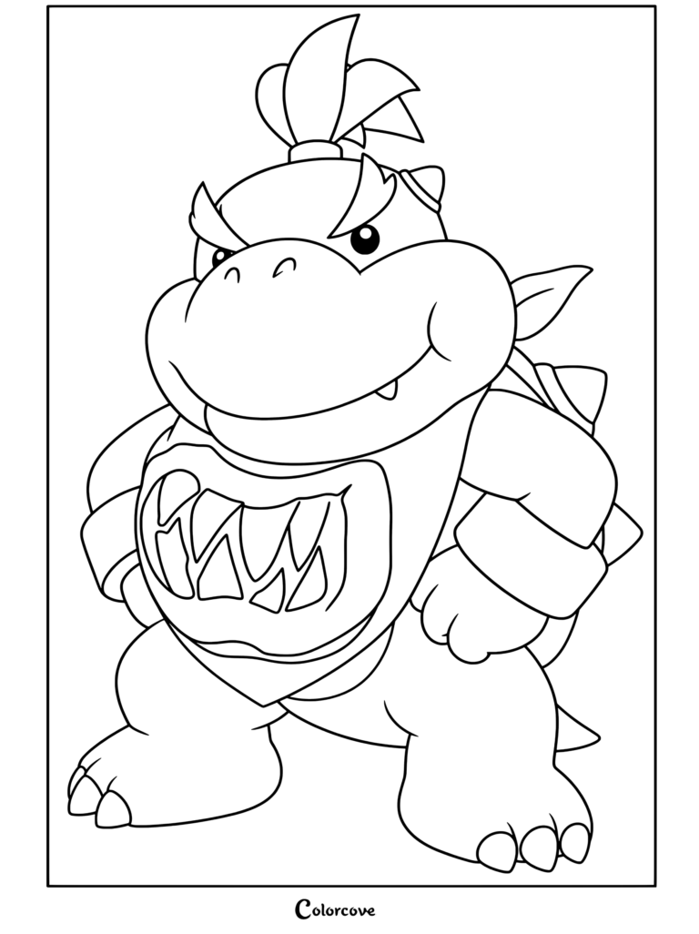 Bowser Jr standing proudly wearing his signature mouth bib and spiked shell coloring page featuring Bowser And Bowser Jr.