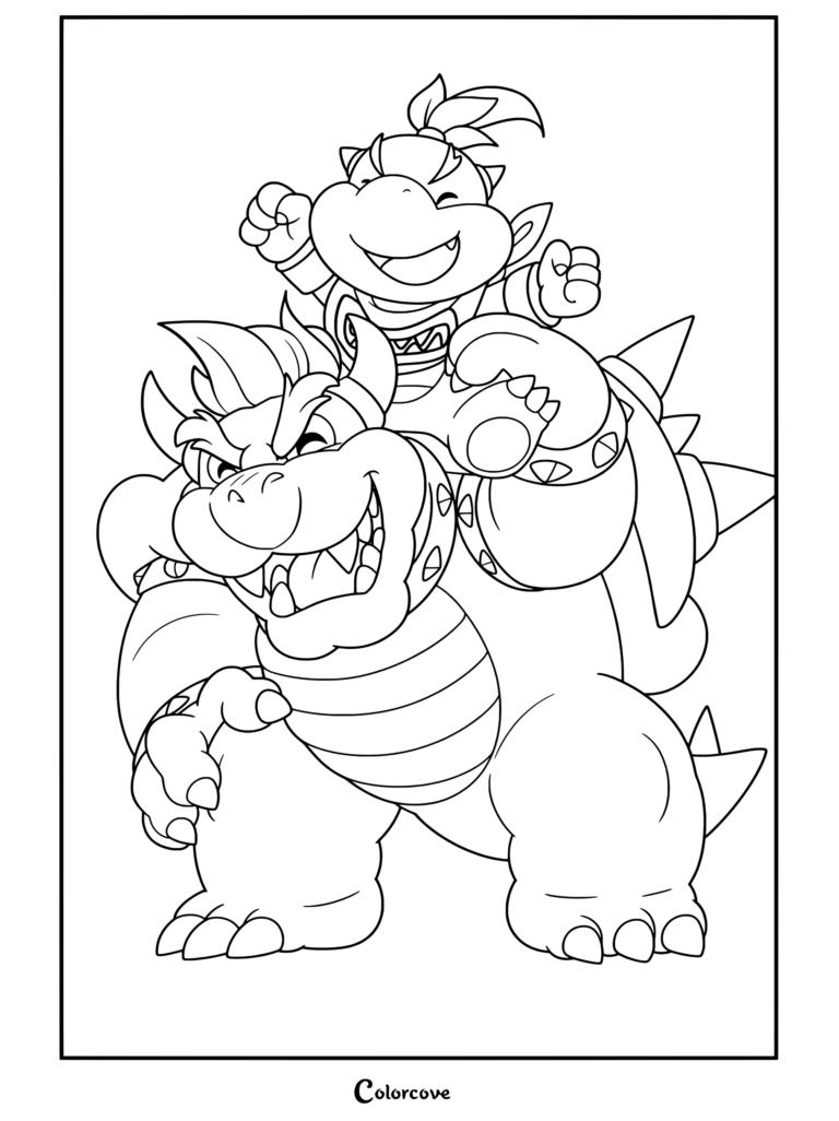 Dibujo de bowser y bowser jr 2 de Bowser y Bowser Jr. paseando felices juntos con Bowser Jr. sentado sobre los hombros de Bowser.