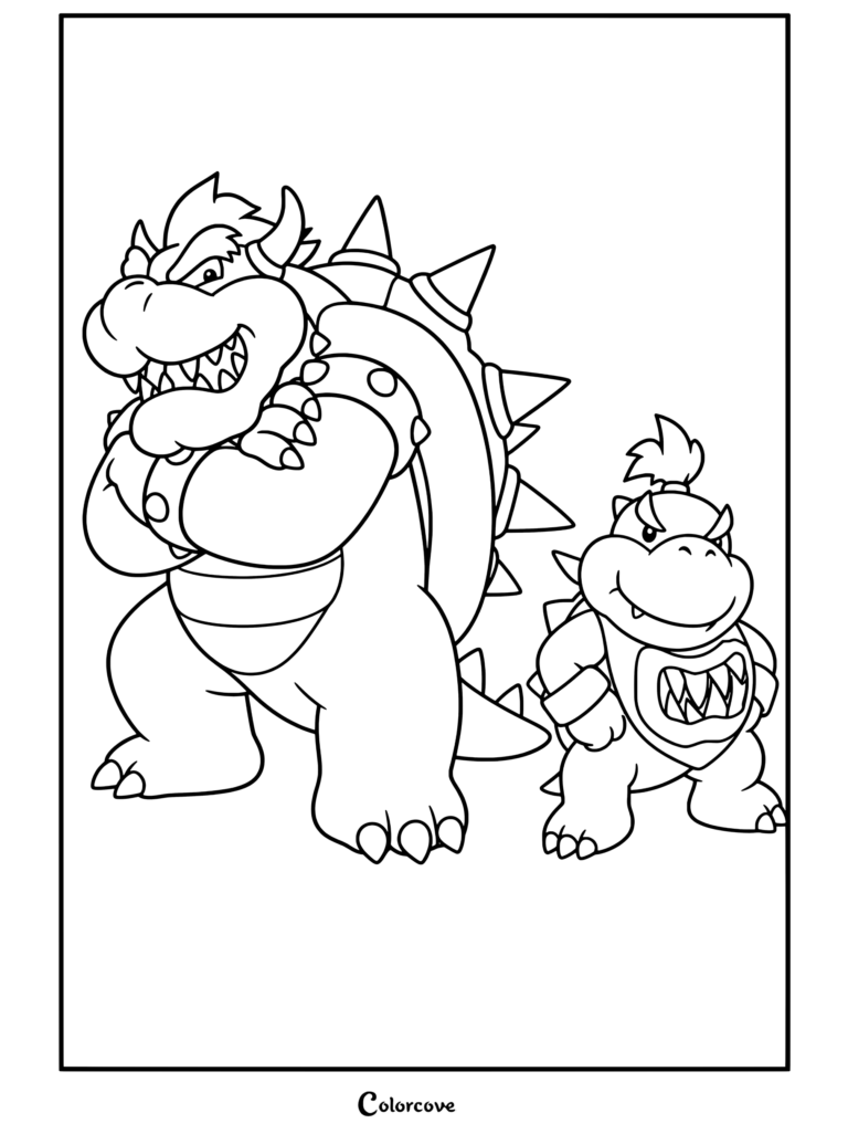 Dibujo de bowser y bowser jr 2 de Bowser y Bowser Jr. de pie lado a lado con los brazos cruzados en un render clásico hecho para niños.