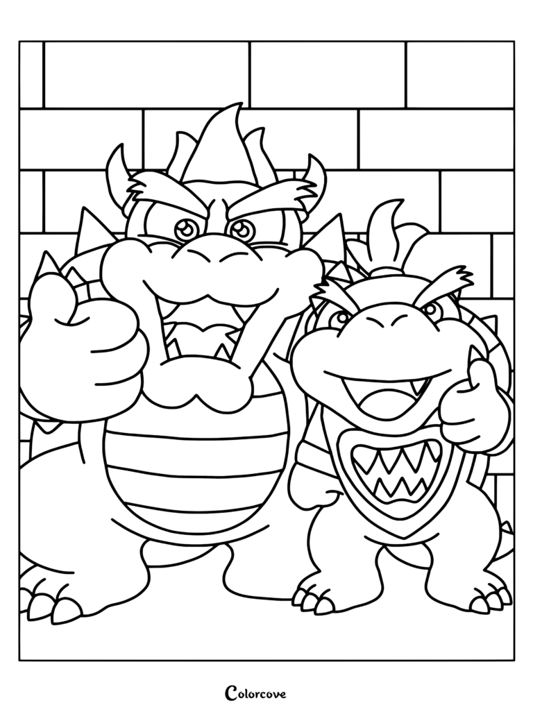 Dibujo de bowser y bowser jr 2 de Bowser y Bowser Jr. de pie lado a lado con los brazos cruzados en poses seguras para que los fanáticos los impriman y coloreen.