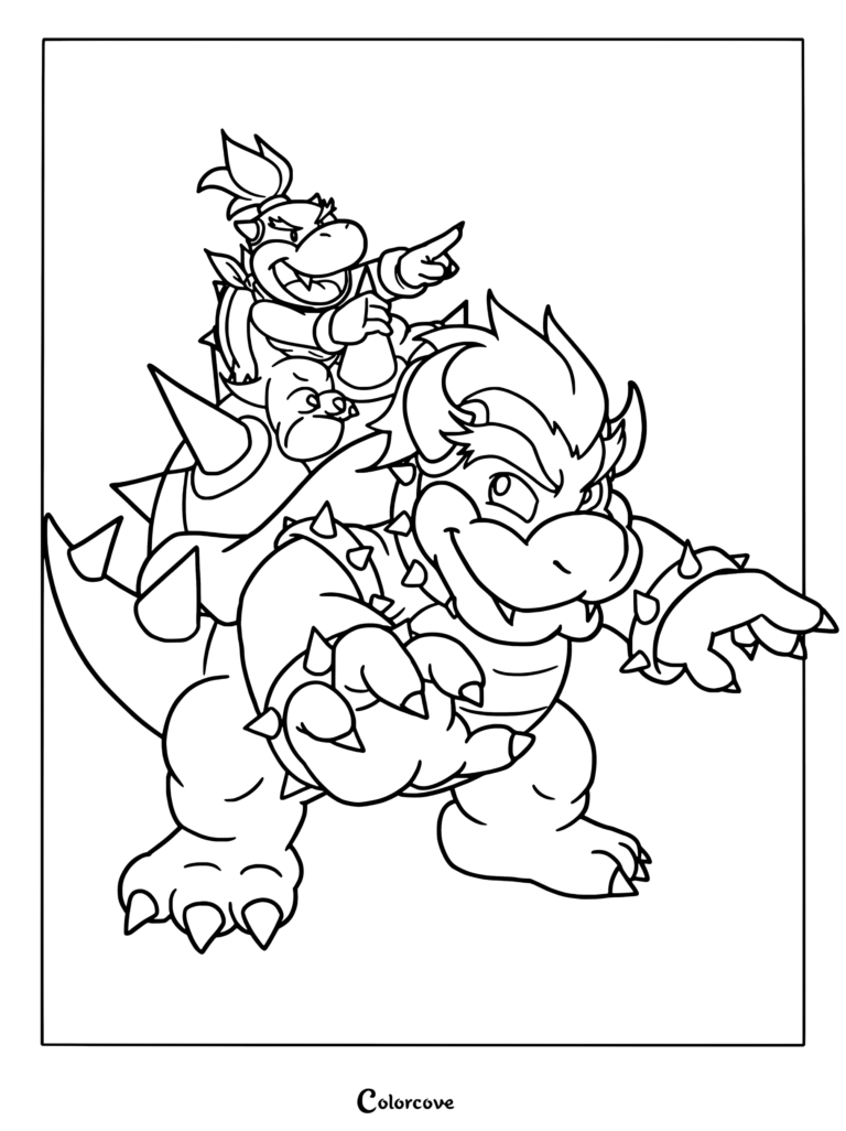 Dibujo de bowser y bowser jr 2 para imprimir de Bowser cargando a Bowser Jr. en su espalda mientras este señala hacia adelante en una pose de acción.
