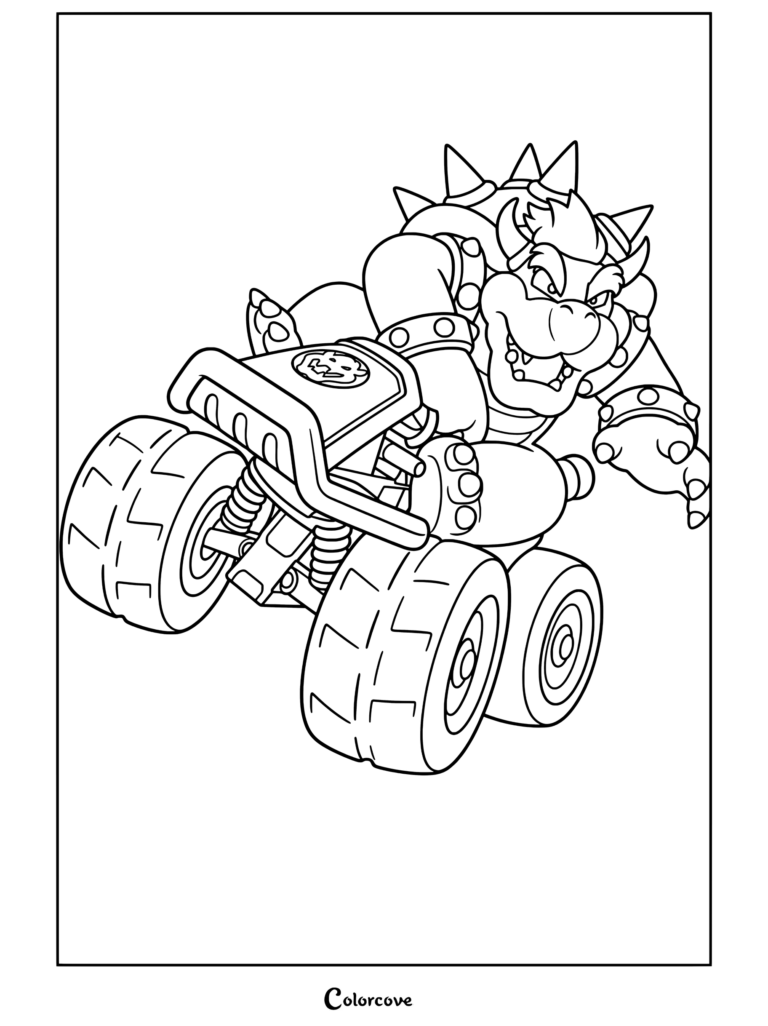 Dibujo para colorear de Bowser conduciendo un kart todoterreno inclinado hacia adelante con una sonrisa feroz, parte de dibujos de bowser y bowser jr 2.