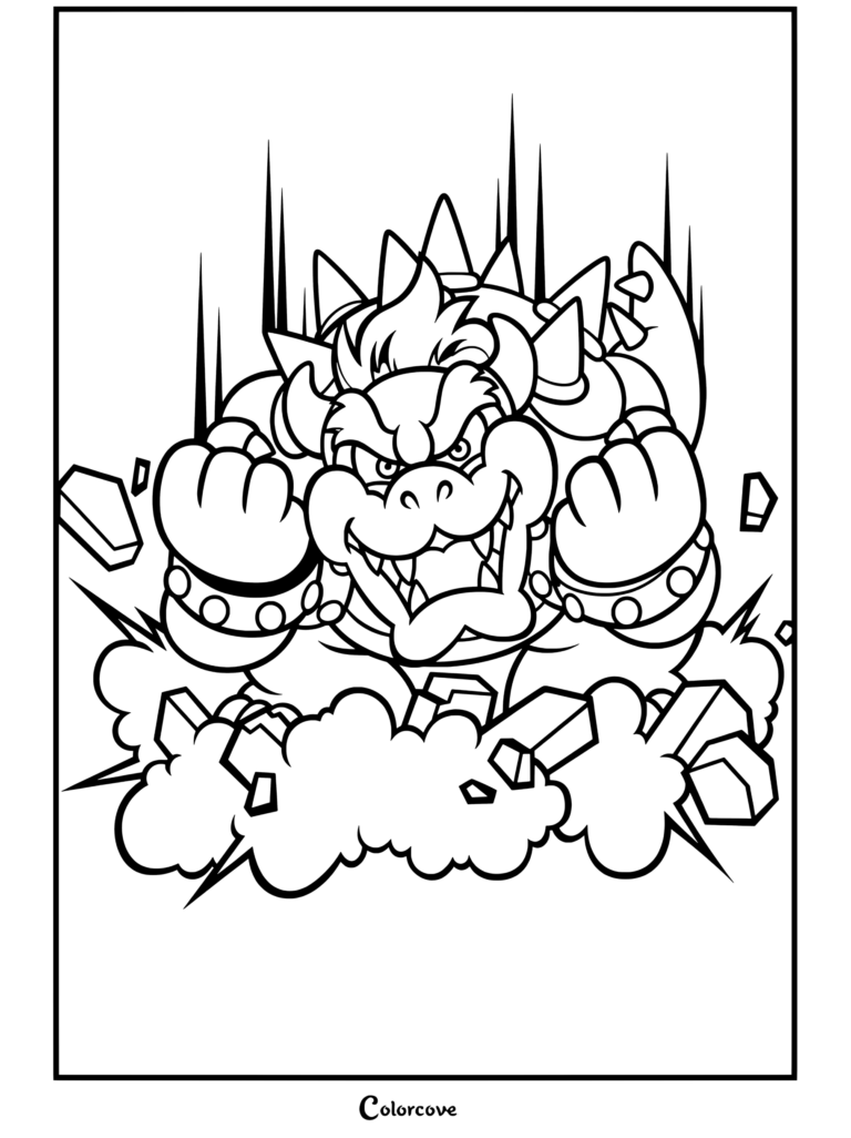 Dibujo de dibujos de bowser y bowser jr 2 que muestra a Bowser dando un golpe en el suelo con los puños cerrados creando una onda expansiva y escombros