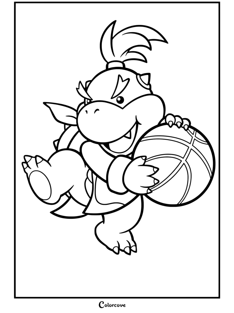 Bowser Jr sosteniendo un balón de baloncesto con una sonrisa segura, vistiendo camiseta y caparazón con púas en este dibujo para colorear de dibujos de bowser y bowser jr 2.