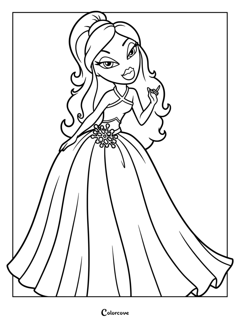 Cloe 2004 con un elegante vestido de gala de invierno con un acento de copo de nieve, página para colorear de arte lineal.