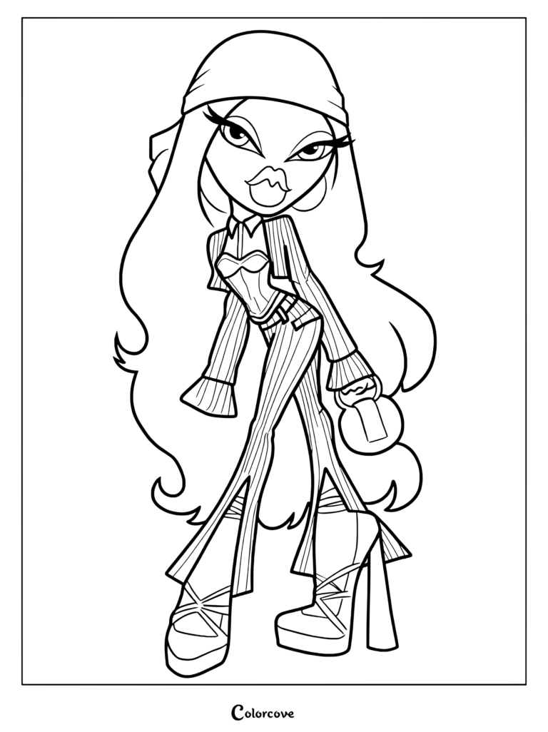 Personaje Bratz Dana 2018 con un pañuelo en la cabeza, top a rayas y pantalones acampanados en una página para colorear imprimible.