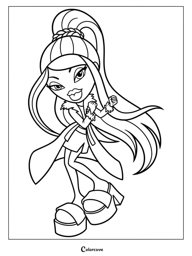Dana 2023 de Bratz con una coleta alta y chaqueta con ribetes de piel en una página para colorear imprimible.