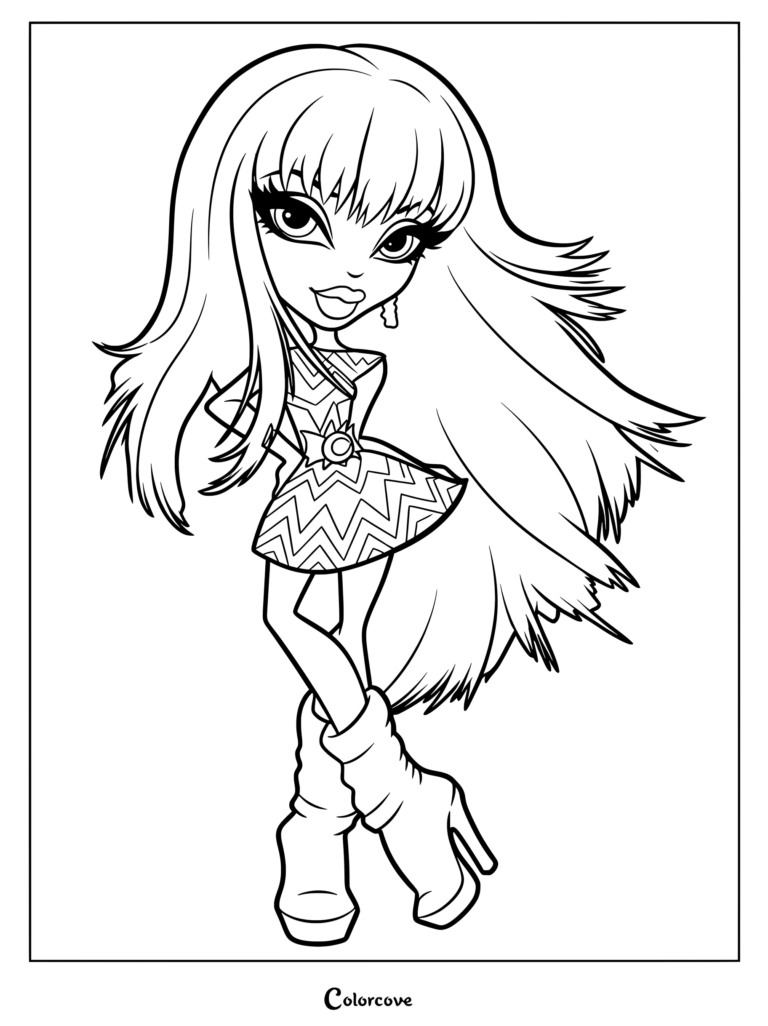 Personaje Bratz Fianna 2012 con cabello largo y suelto, vistiendo un vestido con estampado de chevrón y botas de plataforma en una página para colorear imprimible.