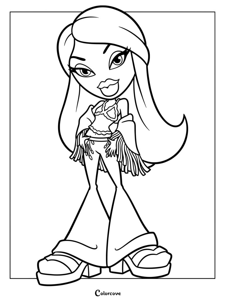 Personaje Bratz Fianna 2023 con un top con flecos y pantalones acampanados en una página para colorear imprimible.