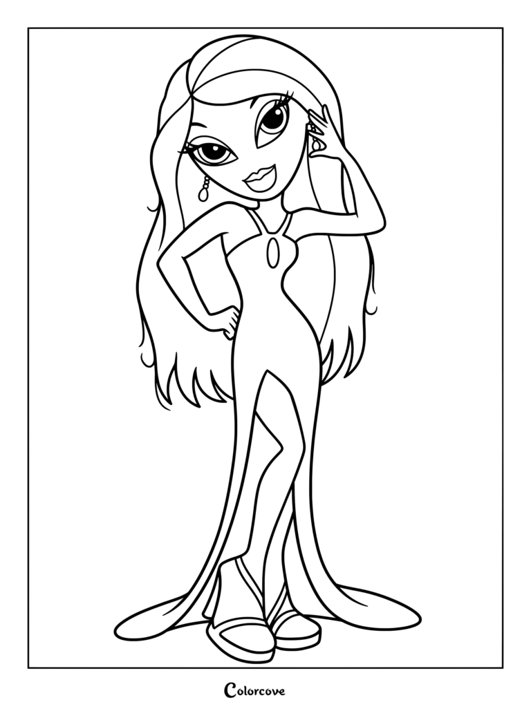 Jade 2007 con un vestido de noche largo con una abertura alta y sandalias de plataforma en esta página para colorear imprimible.