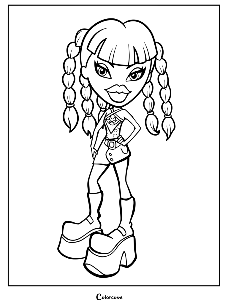Jade 2020 de Bratz con coletas trenzadas, vistiendo un top estampado, falda con cinturón y botas de plataforma en esta página para colorear imprimible.