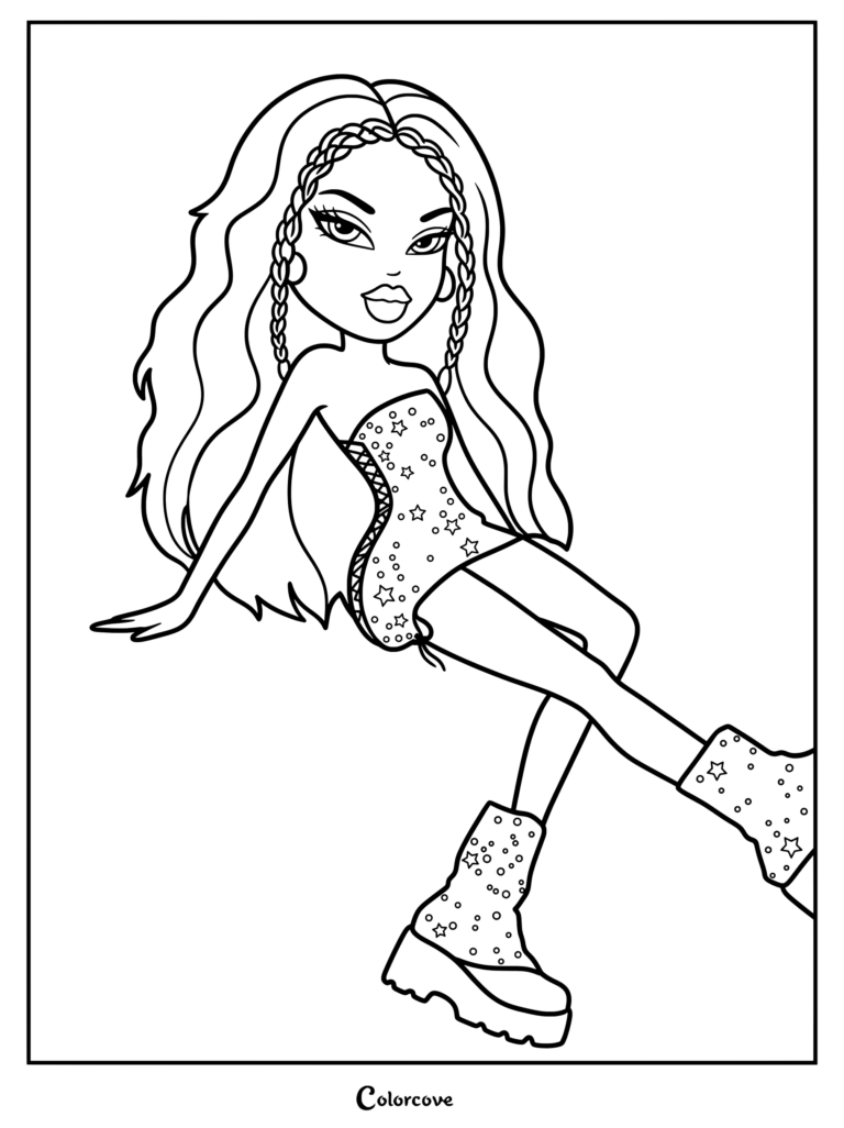 Jade 2024 de Bratz con un vestido con estampado de estrellas y botas a juego en esta página para colorear imprimible.