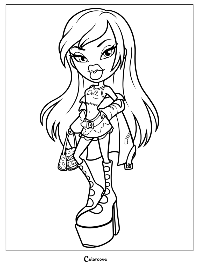 Personaje Bratz Jade 2025 con un top corto de muñeca, minifalda y botas de plataforma, sosteniendo un bolso de mano en esta página para colorear imprimible.