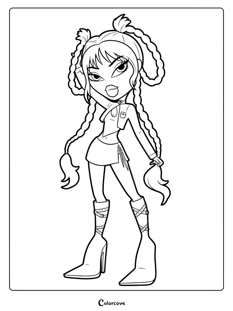 Jade 2026 de Bratz con coletas trenzadas, vistiendo una chaqueta corta, minifalda y botas con hebillas en esta página para colorear imprimible.