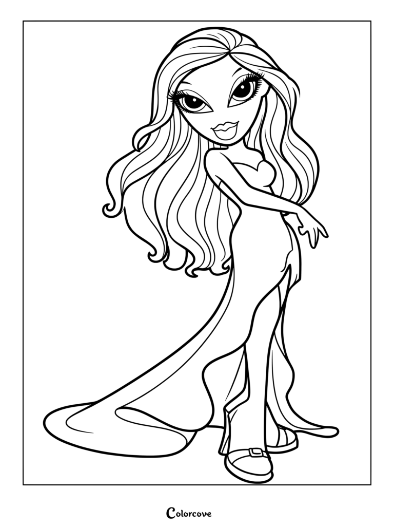 Jasmin 2007 con un vestido largo y elegante en esta página para colorear imprimible.