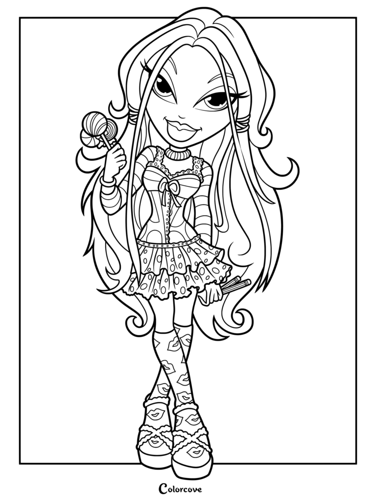 Cloe 2006 con una falda de lunares y calcetines con estampado de labios, sosteniendo una piruleta, página para colorear imprimible.