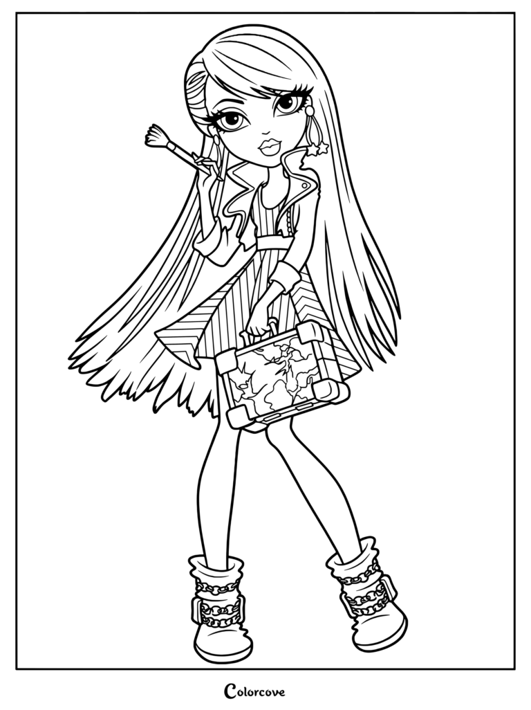Meygan 2014 sosteniendo una brocha de maquillaje y una maleta de viaje en esta detallada página para colorear de Bratz.