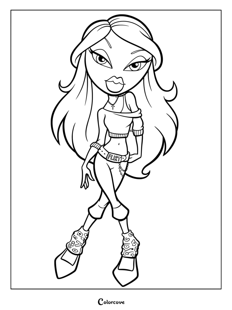 Personaje Bratz Nevra 2004 con un cinturón Flirt y calentadores de piernas con estampado de leopardo en una página para colorear imprimible.