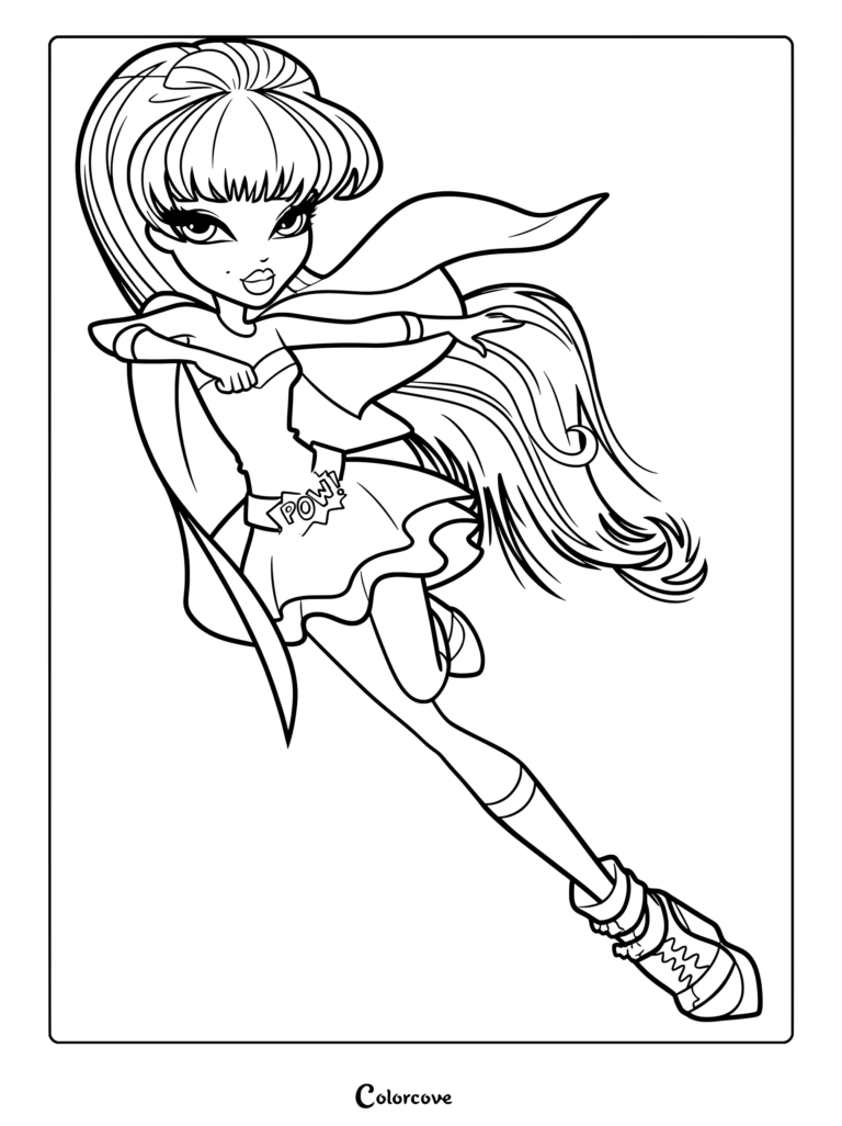 Phoebe 2013 vestida de superheroína con una capa y hebilla de cinturón con POW en esta página para colorear imprimible.