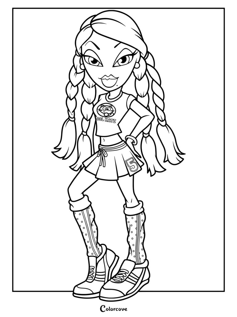 Personaje Bratz Roxxi 2025 con una camiseta Cool Katz, falda plisada y calentadores de piernas de lunares en una página para colorear imprimible.