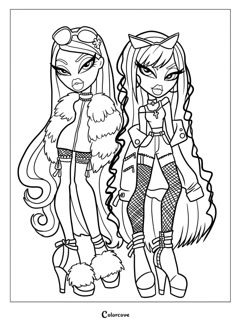 Personajes Bratz Roxxi y Phoebe de pie juntas con atuendos elegantes, una página para colorear de arte lineal detallada.