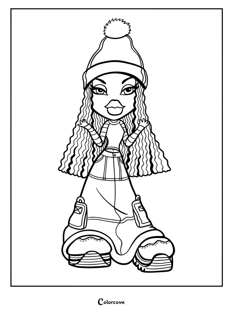 Sasha 2001 con un gorro de pompón, mangas a rayas y pantalones cargo holgados en esta página para colorear imprimible.