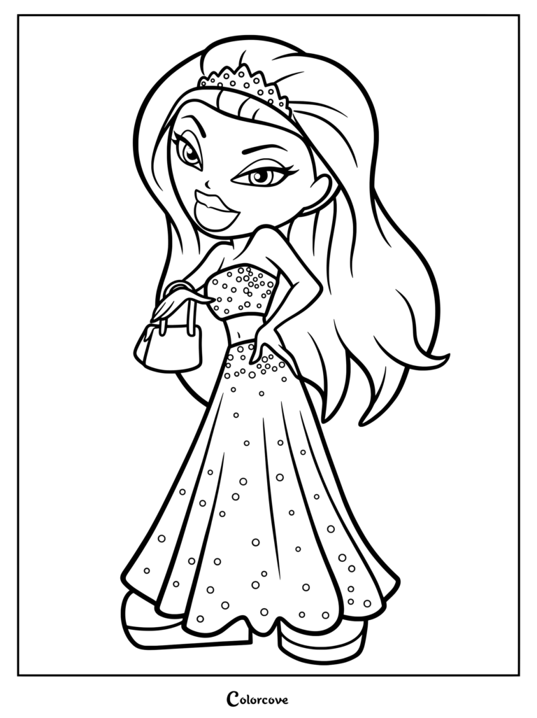 Sasha 2003 con un vestido brillante y tiara, sosteniendo un bolso en esta página para colorear de Bratz imprimible.