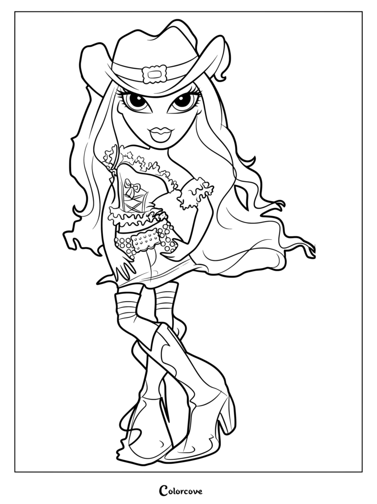 Sasha 2009 con un sombrero de vaquera, top con volantes y botas western en esta página para colorear de Bratz imprimible.