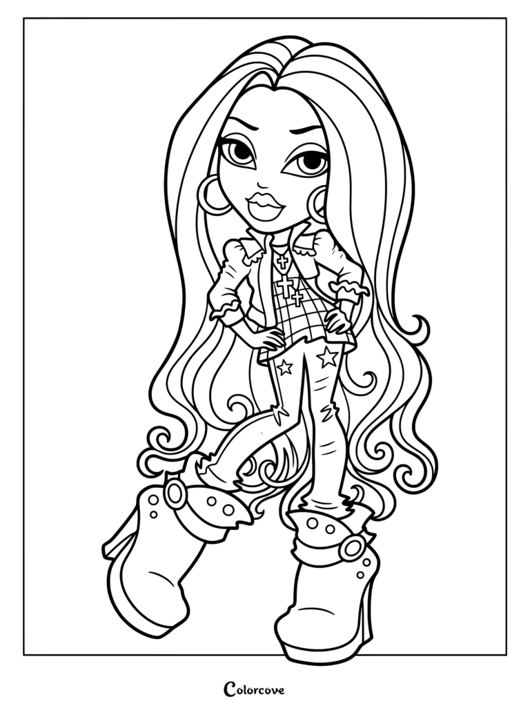 Cloe 2012 con una camisa a cuadros, chaqueta y pantalones con estampado de estrellas en esta detallada página para colorear imprimible.