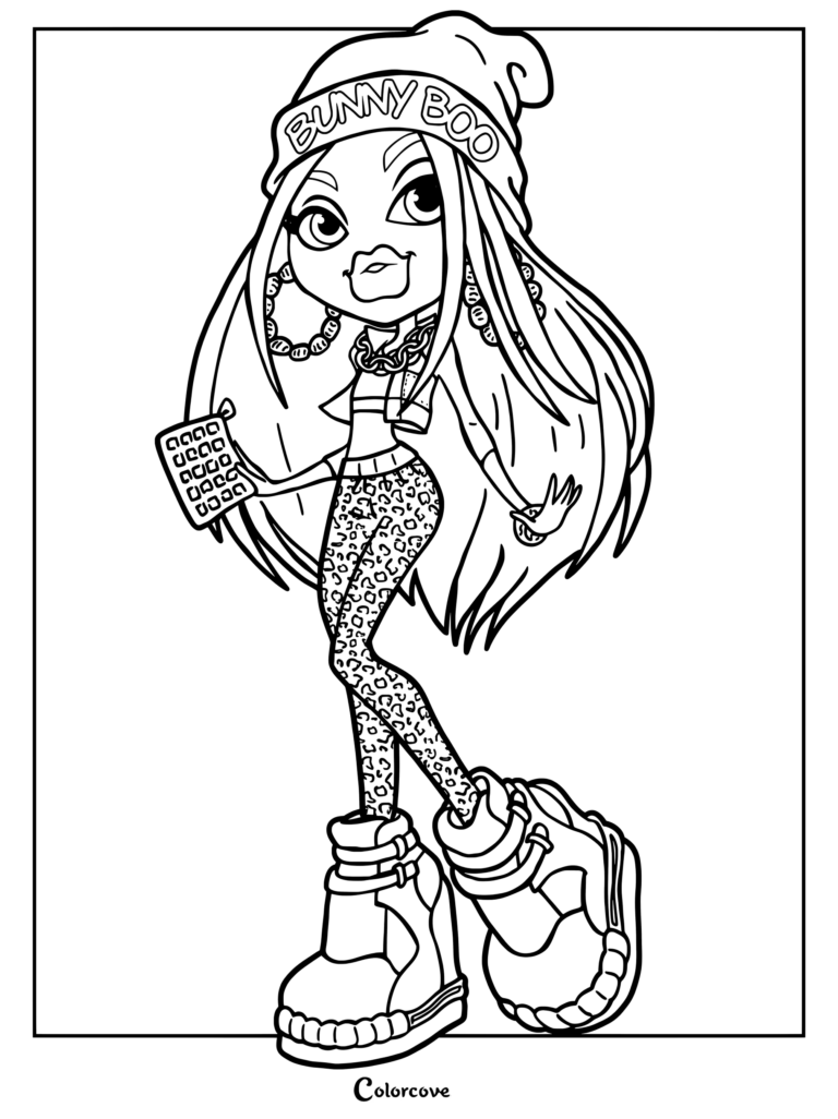 Sasha 2015 con un gorro Bunny Boo, leggings de estampado de leopardo y zapatos de plataforma en esta página para colorear imprimible.