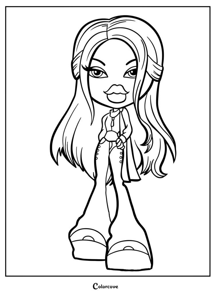 Personaje Sasha 2020 de Bratz con cabello largo y pantalones acampanados en formato de página para colorear imprimible.