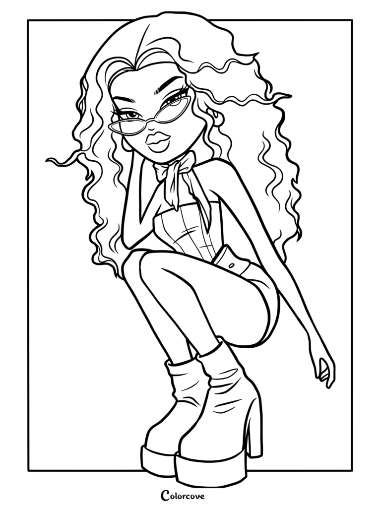 Sasha 2024 con gafas de ojo de gato y un pañuelo al cuello en esta elegante página para colorear del personaje Bratz.