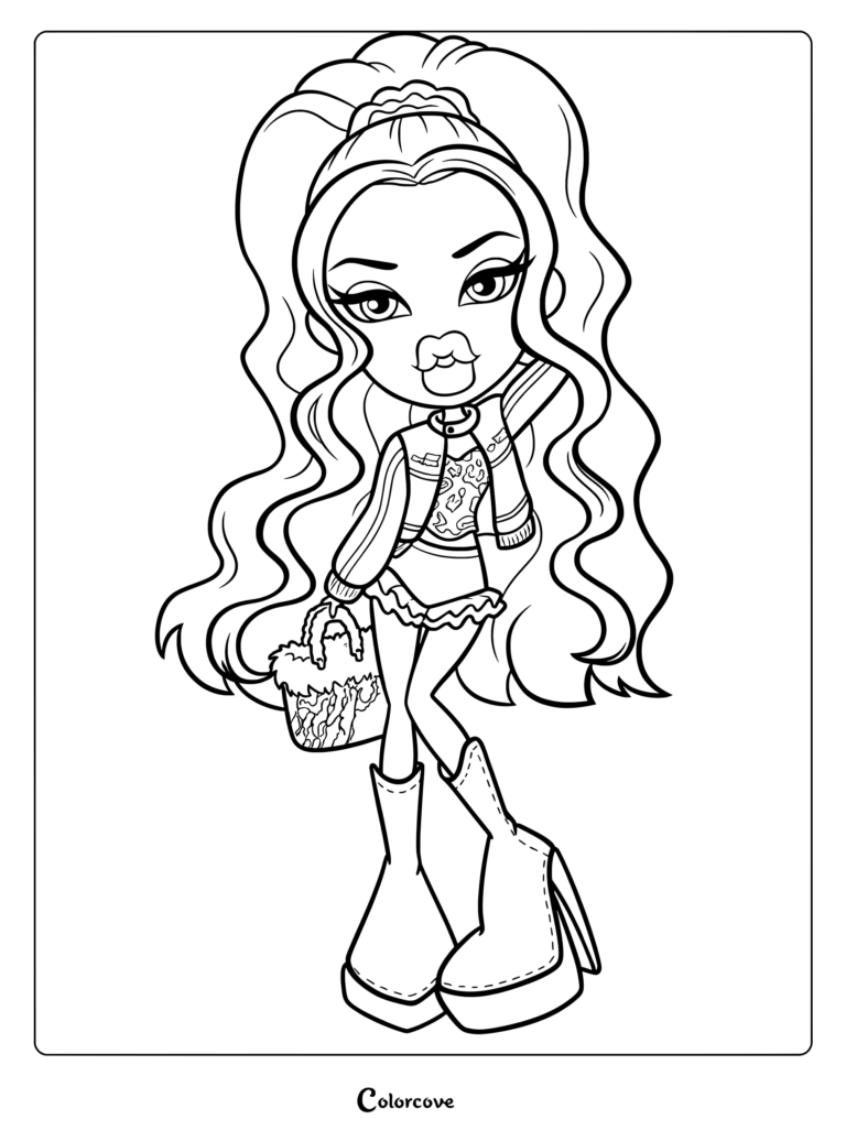 Personaje Sasha 2025 de Bratz con cabello largo y ondulado, vistiendo una chaqueta universitaria y botas de plataforma, sosteniendo un bolso peludo en esta página para colorear imprimible.