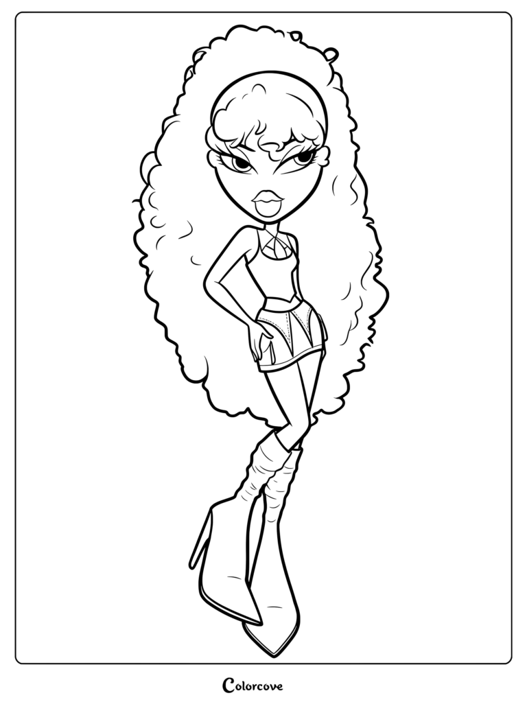 Personaje Sasha 2026 de Bratz con cabello rizado voluminoso, luciendo un top sin mangas, minifalda y botas de tacón alto en una página para colorear imprimible.