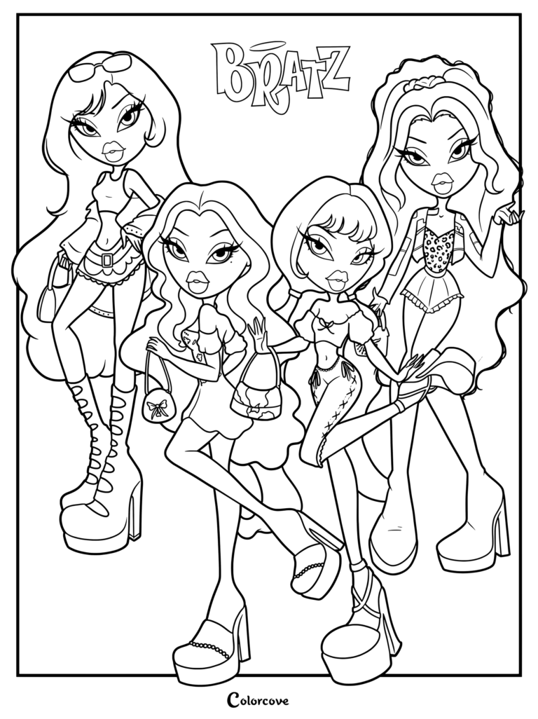 Sasha, Cloe, Yasmin y Jade posando juntas con atuendos elegantes para esta página para colorear de Bratz imprimible.