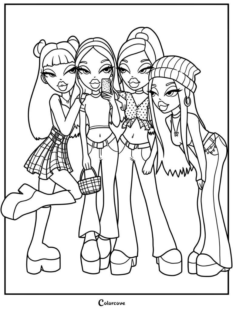 Sasha, Cloe, Yasmin y Jade tomándose una selfie grupal en esta detallada página para colorear de Bratz.