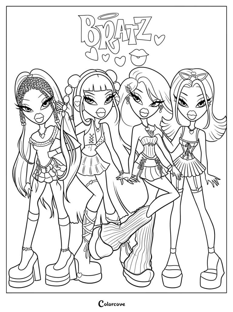 Sasha, Cloe, Yasmin y Jade de pie juntas con atuendos elegantes en una página para colorear imprimible.